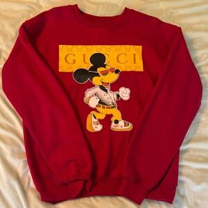 Gucci Design Red Crewneck Sweatshirt with Yellow Logo and Mickey Graphic